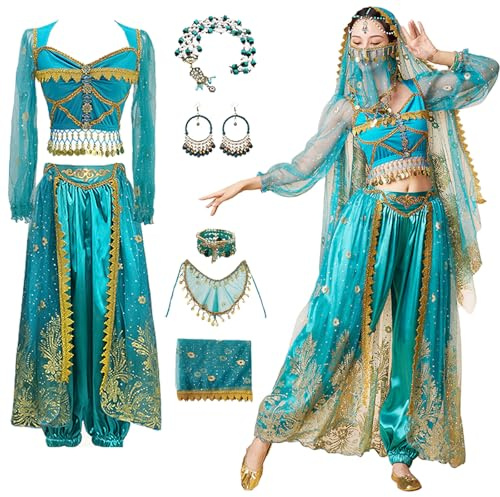 AYIMEIS Damen Prinzessin Jasmin Kostüm mit Zubehör Prinzessin Aladdin Kostüm Arabische Jasmin Verkleidung Bauchtanz Outfit Halloween Karneval Party Bühnenauftritt Cosplay für Erwachsene