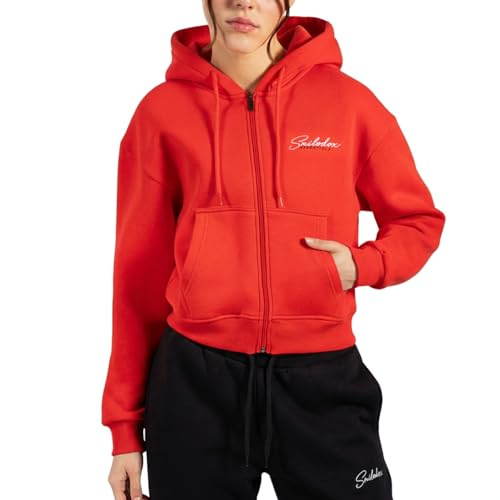 SMILODOX Sweatjacke Damen Enara, Strickjacke mit Frontzipper und Kängurutasche, gesticktem Logo auf Brust, weichem Stoff mit Bündchen, Bequeme Kapuzenjacke für Sport, Freizeit, Alltag und Outdoor