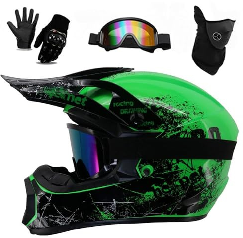 Kinder-Motocrosshelm, Offroad-Motorradhelm, Leichter, stoßfester ATV-, BMX-, Downhill-, Mountainbike- und Quad-Helm mit Brille, Handschuhen und Gesichtsschutz(B,L(57-58CM))