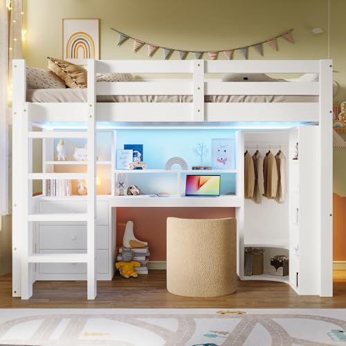 Kebnor Hochbett, Mit LED-Leuchten, Kleiderschrank, Schreibtisch, Schubladen, Staufächer, Ohne Matratze, Weiß (90x200cm)