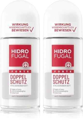 Hidrofugal FORTE DOPPEL SCHUTZ Roll-on 2er-Set, starker Antitranspirant Schutz gegen stress- und hitzebedingtes Schwitzen, Deo ohne Ethylalkohol mit vitalisierendem Duft (2 x 50 ml)