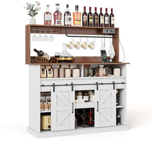 Azkoeesy Buffet de cocina con 2 puertas correderas, aparador con soporte para vasos y enchufes (2 x AC, 2 x USB), color blanco y natural, 120 x 40 x 130 cm, para cocina, salón, oficina