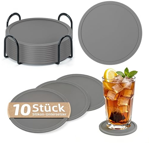 HELIMIAO Untersetzer Gläser Silikon mit Halter,rutschfest Glasuntersetzer mit Hohem Rand für Auslaufschutz,Hitzebeständig Tassenuntersetzer für Couchtisch,Esstisch&Bar,10Stück mit Halter Dunkelgrau