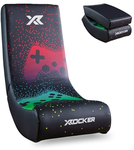X-Rocker Pixel Floor Rocker, Folding Console Gaming Chair - Ergonomic Support, Space-Saving Design, Rocking Base, Wipe-Clean Faux Leather for Kids - Pixel