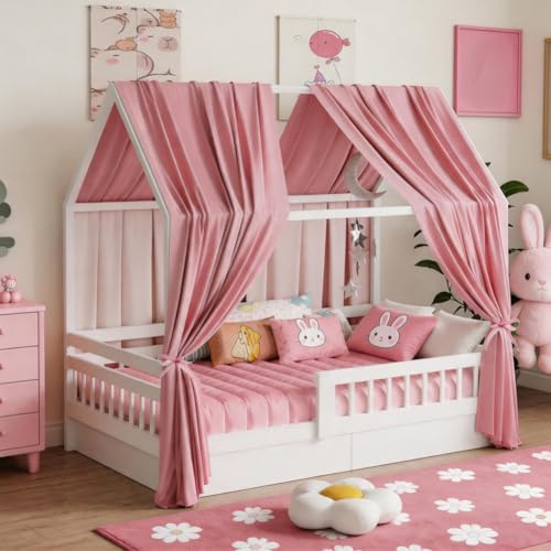 DASIAUTOEM Hausbett Himmel Deko Set, 2 Stück Betthimmel Hausbett Musselin, Baldachin Kinderbett mit 4 Bindeband, Baldachin Kinderzimmer Deko Hausbett Vorhang für Mädchen Jungen Kinderbett(270x67CM)