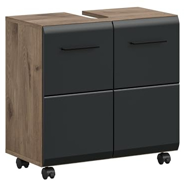 xonox.home – Waschbeckenunterschrank auf Rollen Ice 60x58x30 cm in Nox Oak & schwarz matt – Badschrank mit 2 Türen – Flexibel, modern & praktisch