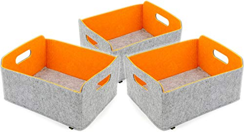 Luxflair 3er Set faltbarer Aufbewahrungskörbe aus waschbarem Filz graumeliert/orange, 30x24x15cm. Ordnungsbox, Regalbox, Faltbox, Spielzeugkorb, Filzkorb