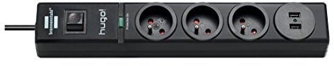 Brennenstuhl Multiprise Hugo! Noire, 3 Prises + 2 Prises USB, avec parasurtenseur et 2m de câble (19.500A)