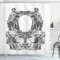 ABAKUHAUS viktorianisch Duschvorhang, Barock-Krone, Stoffliches Gewebe Badezimmerdekorationsset mit Haken, 175 x 200 cm, Weiß Grau Schwarz