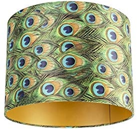 QAZQA Baumwolle Velours-Lampenschirm im Pfauendesign 40I40I30 mit Gold I Messingener Innenseite,