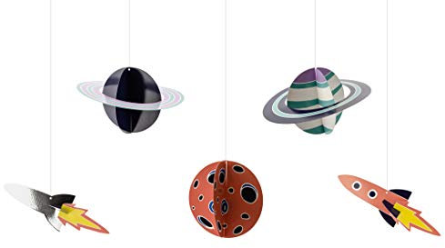 Weltraum Planeten und Raketen Deko aus Papier zum Aufhängen 5er Set/Packung 5 Anhänger Raketen und Planeten für Party