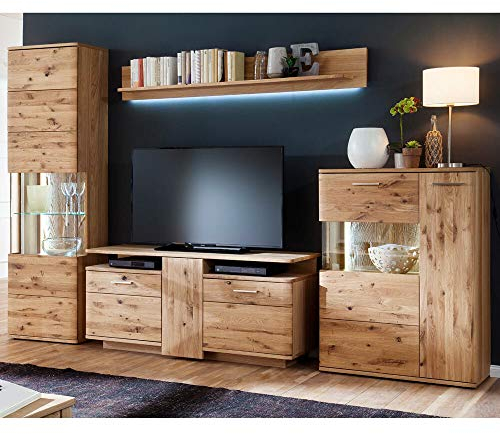 Wohnzimmer Wohnwand 320cm inkl. LED, Asteiche Bianco massiv geölt mit Highboard, Lowboard, Vitrine und Regal