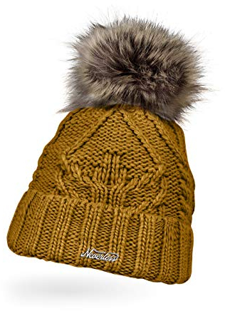 Neverless® Damen Strick-Mütze gefüttert Umschlag Fleecefutter Fell-Bommel Kunstfell Winter-Mütze Zopfstrick Bommelmütze senfgelb Unisize