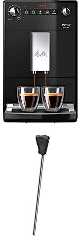 Melitta Purista F 230-102 Kaffeevollautomat mit flüsterleisem Kegelmahlwerk (Direktwahltaste, 2-Tassen Funktion, 20 cm Breite) schwarz + Milchlanze für Kaffeevollautomaten, Edelstahl, Schwarz