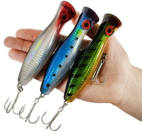 GTB Angelköder für Oberflächen – Popper – Catching / Spinning – Künstliche schwimmende Köder – Black Bass / Wolf – Meeresangeln – 3er Pack (12 cm, 40 g)