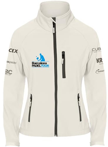 Barcelona Padel Tour - Chaqueta En Tejido Softshell para Mujer Hidrófuga, con Cremallera y Estampación Especial de Pádel - Ropa Deportiva Blanco L