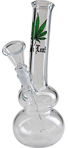Black Leaf Glasbong Doppelkugel Klar 24,5cm | Hanfblattmotiv | Glas Bong NS 14 (14,5mm) aus Borosilikatglas | Kräuter Glasbong mit Kickloch und Glas Chillum | Ø 30mm