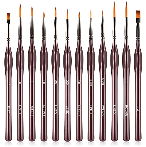 Pinceau Aquarelle, 12 Pcs Pinceau Fin Peinture pour Acrylique Huile Aquarelle Nail Art Pinceau de détail Ensemble