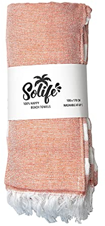 Solife Beach Towel (Coral) - gestreiftes Strand Handtuch aus nachhaltiger Baumwolle, 170x100cm, mit aufblasbarem Kopfkissen