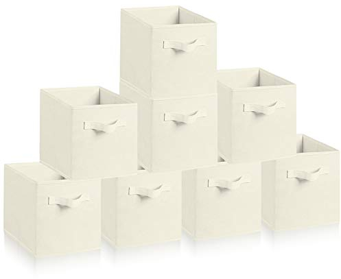 Hibtn Set of 8 Foldable Storage Box, Fabric with Handles Storage Cubes And Cloth Storage Organizer Drawer For Closet And Toys Storage,27 x 27 x 27 cm, Beige