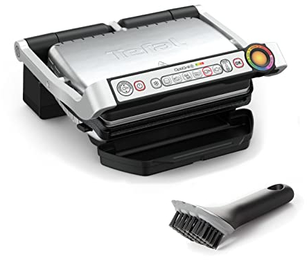 Tefal OptiGrill+ Plus Kontaktgrill + Reinigungs Grillbürste, 6 automatische Grillprogramme | Indoor Elektro Grill | Ideale Grillergebnisse | antihaftversiegelte Abnehmbare Aluguss-Platten | Edelstahl
