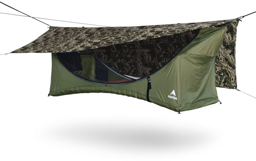 Haven Tent XL - Forest Camo - Complete Lay-Flat Hammock Tent for Camping - Includes Insulated Pad and Rainfly - 80x30