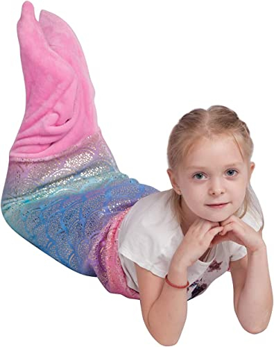 softan Kinder Meerjungfrauenflosse Decke, Mädchen Kleinkinder Kinder Meerjungfrauen Schlafdecke, Rosa Flanell Meerjungfrauen Decke mit Regenbogen Ombre Glitzernden Fischschuppen Design, 43 x 100 cm