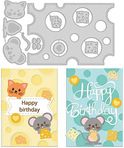 GLOBLELAND Käse Hintergrundrahmen Stanzformen zum Basteln von Kartendekoration Mäuse Katzenherzen Cartoon Käse Märchen Stanzformen Schablonen für Scrapbooking Fotoalbum