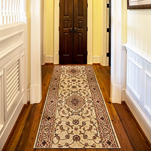 Mazovia Läufer Flur 80x375cm Creme Klassisch Traditionell Weich Mittelflor | Teppichläufer für Küche Waschküche Schlafzimmer Beige Pflegeleicht Fußbodenheizungsgeeignet Synthetisch Verkauf pro Meter