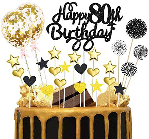 80th Birthday Cake Topper Black Gold Glitter Happy 80th Birthday Cake Topper Kit 80th Birthday Cake Toppers for Men Women 25pcs Birthday Cupcake Toppers for Eighty Birthday Anniversary Party Decor