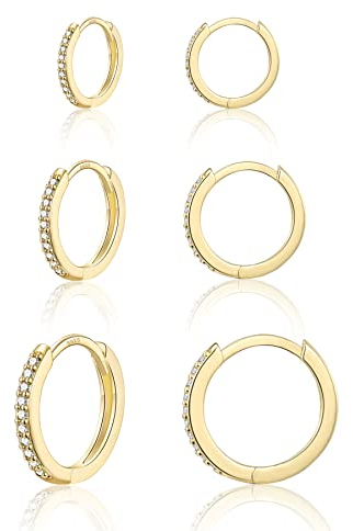 WOVEE 3 Paar Creolen Gold, Ohrringe Silber 925 Set (8mm/10mm/12mm) Hypoallergen Huggies Vergoldet Ohrringe Gold Klein mit Zirkonia für Damen Herren Mädchen