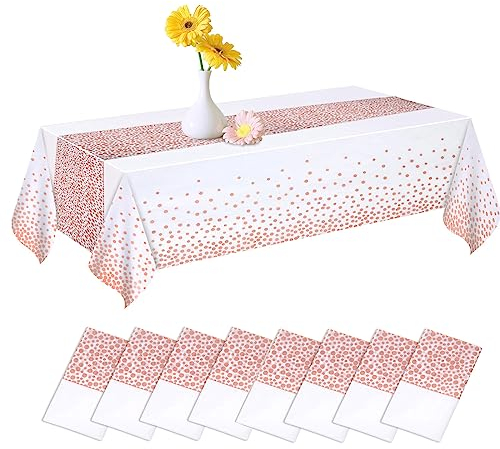 CHEPULA Nappe Jetable, 8 PCS Nappe Anniversaire Imperméable à l'eau, Nappe Rectangulaire pour la Fête, Anniversaire Enfant, Mariage, Noël, 137 x 274 cm, Blanc & Or Rose