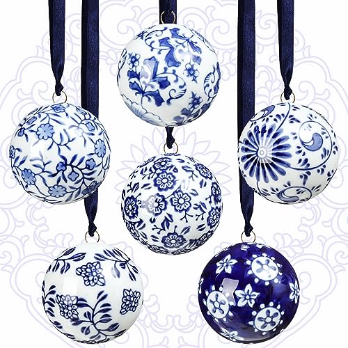 Cindeer Weihnachten Porzellan Kugeln 2,4 Zoll Blau und Weiß Chinoiserie Ornament Hängende Keramik Deko Ball für Weihnachtsbaum Weihnachtsparty (Klassischer Stil, 6 Stück)