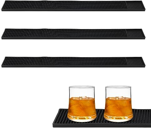 ZEONHAK Lot de 3 tapis de bar en caoutchouc de 60 x 8 cm - Noir - Fin - Pour bar, café, verre, séchage