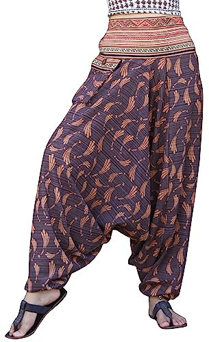 RaanPahMuang Premium Cotton Yoga Harem, Boho Pants for Women, with Side Pocket, Hippy Baggy Tribe Pants, Striped Cotton - Grass Flowers - Dark Brown, Medium/Large