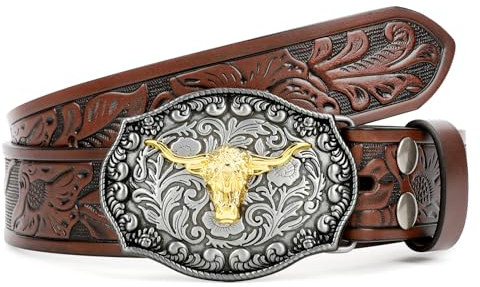 XZQTIVE Western Leder Gürtel für Herren Damen Floral graviert Cowboy Schnalle Gürtel Longhorn Stier Schnalle Taillegürtel,Braun,Passform Taillenumfang 84-94cm