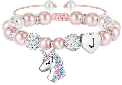 TINGN Bracelet de Perles Licorne pour Filles - Lettres Roses, Breloques, Strass avec Pendentif - Cadeaux et Bijoux pour Filles (J)