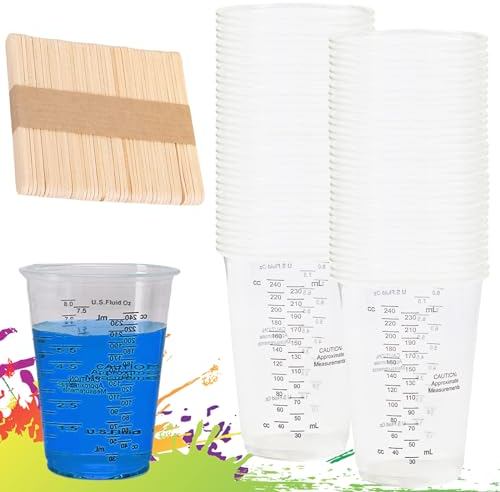 Lot de 50 gobelets doseurs de 230 ml - Avec 50 touillettes en bois - Gobelets de mélange avec graduation - Gobelets doseurs en plastique pour liquides, mélange de résine, peinture