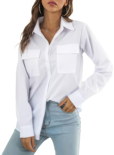 DayaEmmoTQ Femme Blouse Col V Chemise Manches Longues Elégant Hauts Décontractés Patte de Bouton Chemise Travail Unicolore Chemise Manches Longues avec Poches de Poitrine