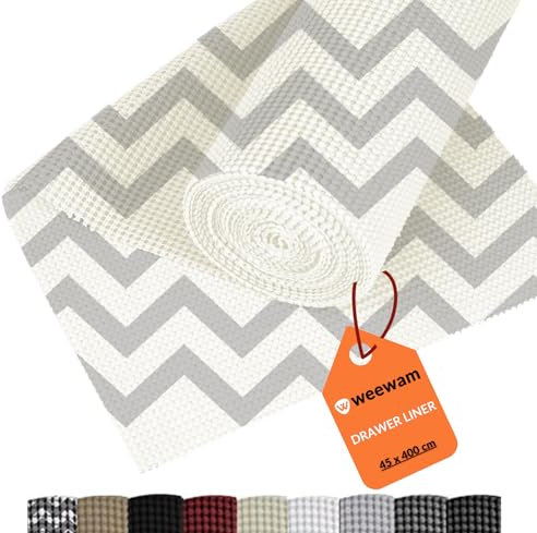 Tappetino Antiscivolo, Rivestimento per Cassetti Cucina, Weewam 45 x 400 cm Rotolo Antiscivolo EVA non Adesivo, Fodera Protezione Mobili Armadio Ripiani Bicchieri Scarpiera – Chevron Grigio-Bianco