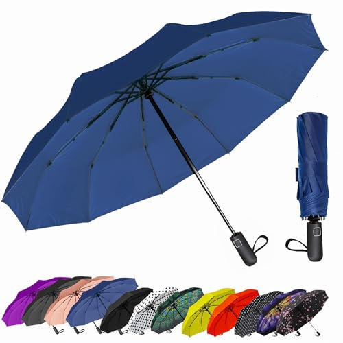 SIEPASA Parapluie de voyage compact, coupe-vent, automatique et pliable, pour femmes, hommes et adolescents (bleu marine, 137 cm)
