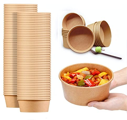 25oz Kraft Paper Bowl (300 Pcs) - 750 ml Disposable Soup Bowls - Biodegradable Salads Bowls - Microwave and Freezer Safe - Serving Party Bowls for Hot/Cold Food - Heavy Duty Paper Bowls