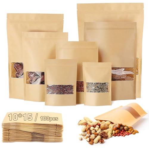 100 Piezas Bolsas Papel Kraft 15X10cm Reutilizables Bolsas de Papel Kraft con Ventana Bolsas Ziplock Stand Up para Nueces Café Hojas de Té Especias Caramelo Flores Secas Guardar Alimentos