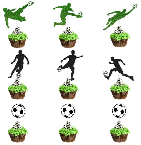 Tortendeko Fussball, 48 Stück Glitzer Fussball Cupcake Deko, Fußball Kuchendeko Junge, Fussball Cupcake Topper Deko Geburtstag Kinder, Fußball Geschenke für Fussball Party Muffin Torten Deko