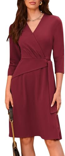 GRACE KARIN Vestido midi para mujer, cuello de pico, manga 3/4, corte trapecio, cremallera en la parte posterior, rojo burdeos, M