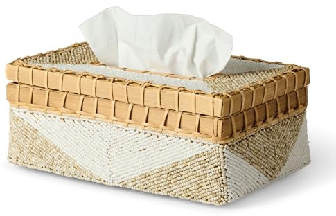 Karmagonia Nachfüllbare Taschentücher Box mit Deckel aus Bambus - Handgemachte Kosmetiktücher Box mit Perlen - Tücherbox für Taschentücher & Kosmetiktücher