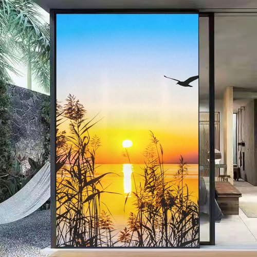 Vista al Lago al Atardecer Lámina para Cristales, Lámina Decorativa para Cristales, Lámina Especial Autoadhesiva, Película de la Ventana de privacidad Frosted Window Glass Films 45x120cm