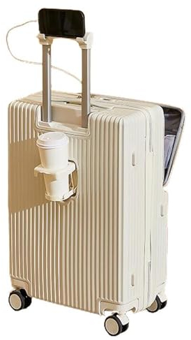 Meoky Valise, Valise Rigide avec Ouverture Frontale, Cabgage à Main Trolley Valises 100% ABS avec Port USB, Porte - Boissons et 4 Roues Doubles pivotantes,Blanc,20in