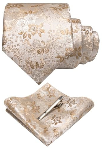 JEMYGINS Herren Blumen Krawatten und Einstecktuch Sets mit Krawattenklammer in verschiedenen Farben erhältlich,Champagner/Wallnussschale