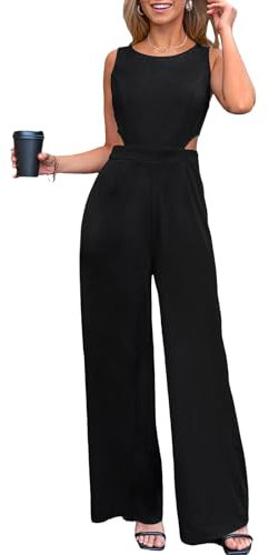 CUPSHE Damen Jumpsuit Cutout Rundhals Ärmellos Overall Rückenfrei Weites Bein Lang Playsuit Elegant Büro Hosenanzug Schwarz XL